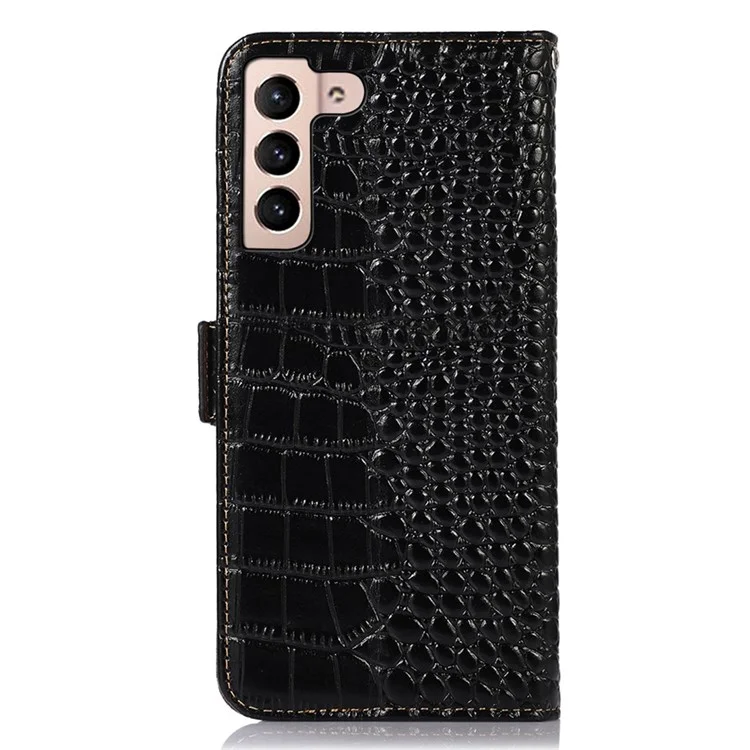 Pour Samsung Galaxy S23+ Portefeuille à texture crocodile Housse de protection à rabat en cuir véritable de vache Debout RFID Blocking Magnetic Phone Case - Noir