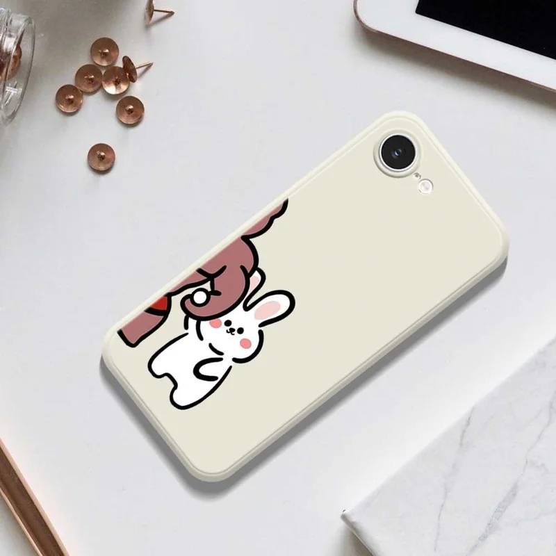 For iPhone 16e Case White Rabbit Pattern Printing Straight Edge TPU Phone Back Cover - Beige