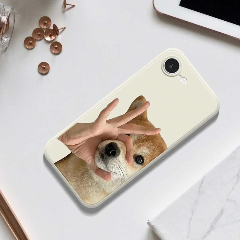 For iPhone 16e Case Pinch Dog Mouth Pattern Printing Straight Edge TPU Phone Back Cover - Beige