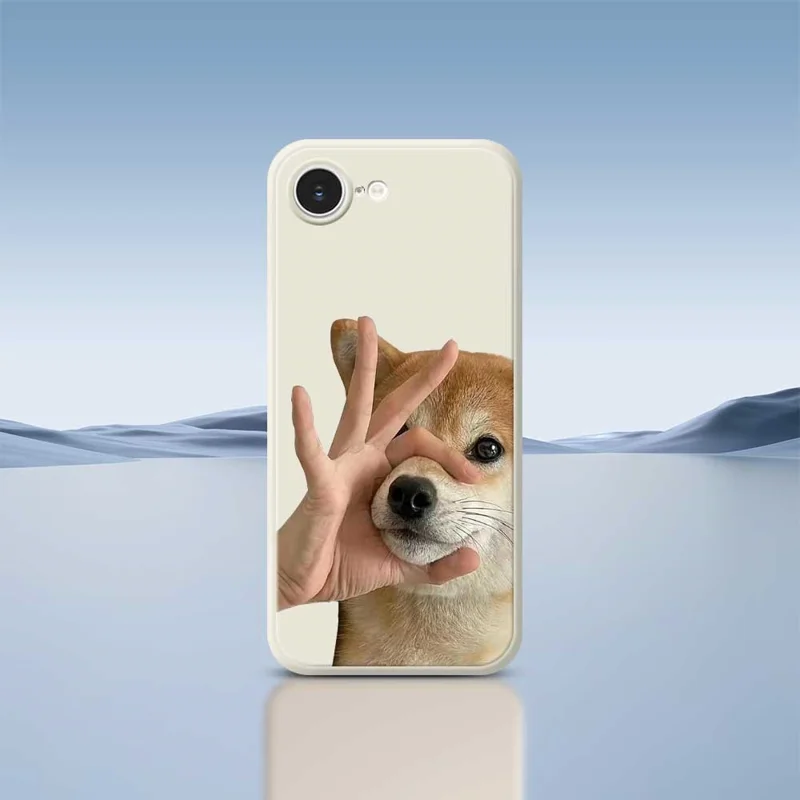 For iPhone 16e Case Pinch Dog Mouth Pattern Printing Straight Edge TPU Phone Back Cover - Beige