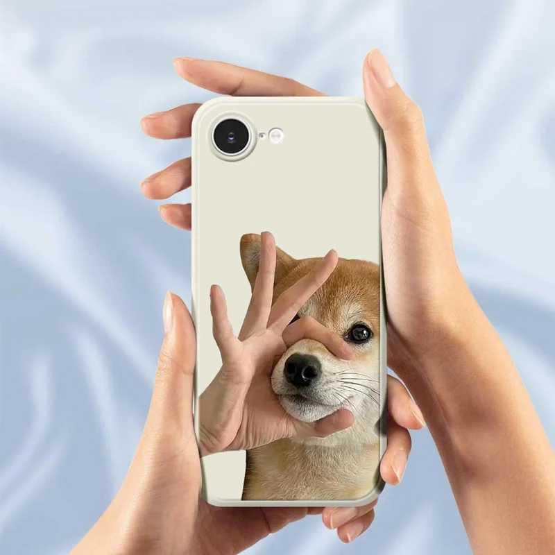 For iPhone 16e Case Pinch Dog Mouth Pattern Printing Straight Edge TPU Phone Back Cover - Beige
