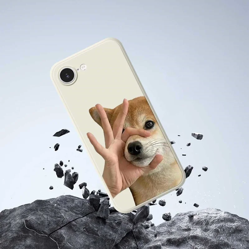 For iPhone 16e Case Pinch Dog Mouth Pattern Printing Straight Edge TPU Phone Back Cover - Beige