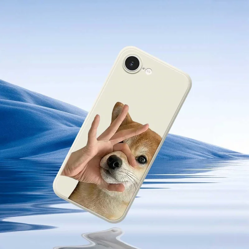 For iPhone 16e Case Pinch Dog Mouth Pattern Printing Straight Edge TPU Phone Back Cover - Beige