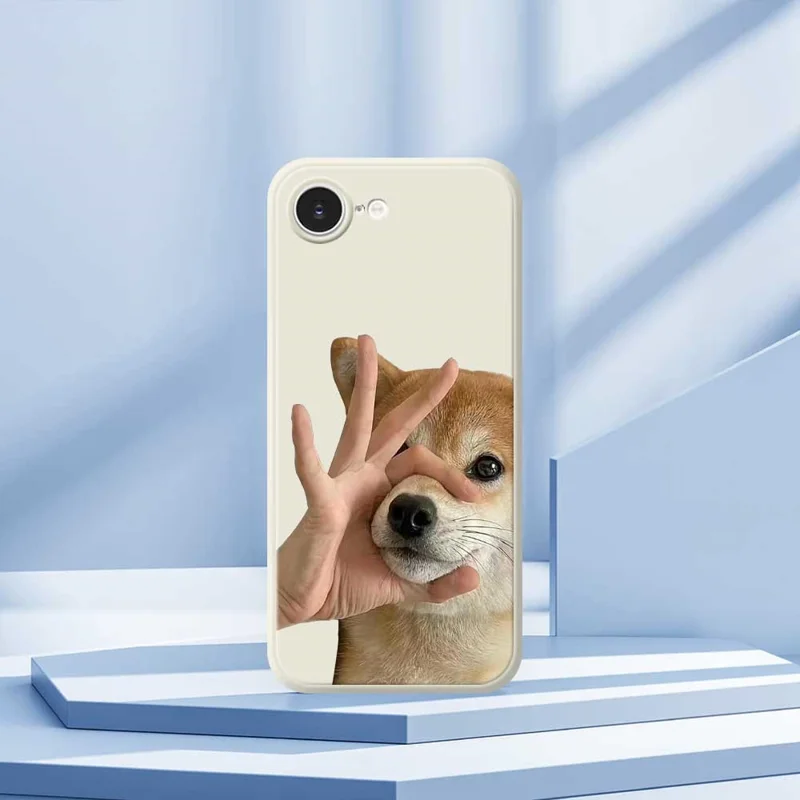 For iPhone 16e Case Pinch Dog Mouth Pattern Printing Straight Edge TPU Phone Back Cover - Beige