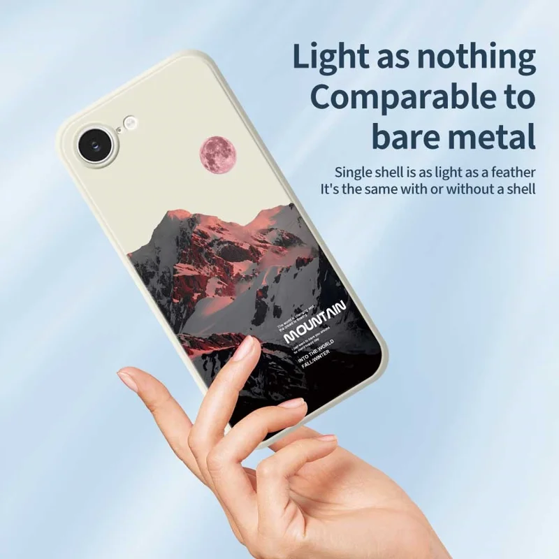 For iPhone 16e Case Pink Snow Mountain Pattern Printing Straight Edge TPU Phone Back Cover - Beige