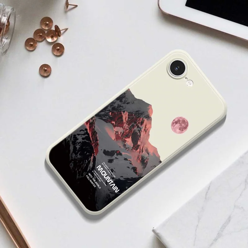 For iPhone 16e Case Pink Snow Mountain Pattern Printing Straight Edge TPU Phone Back Cover - Green