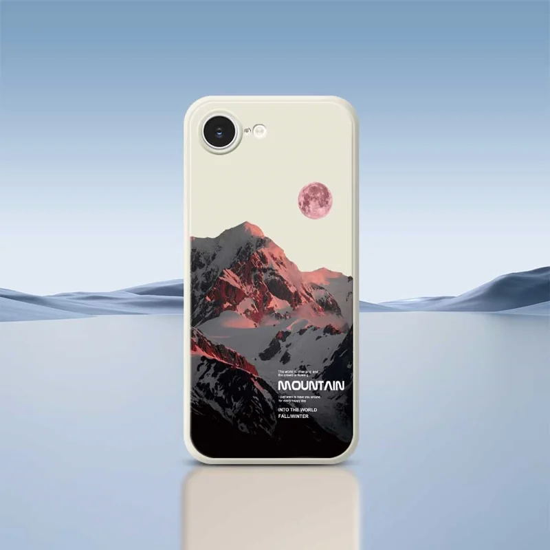 For iPhone 16e Case Pink Snow Mountain Pattern Printing Straight Edge TPU Phone Back Cover - Green