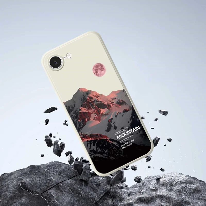 For iPhone 16e Case Pink Snow Mountain Pattern Printing Straight Edge TPU Phone Back Cover - Green