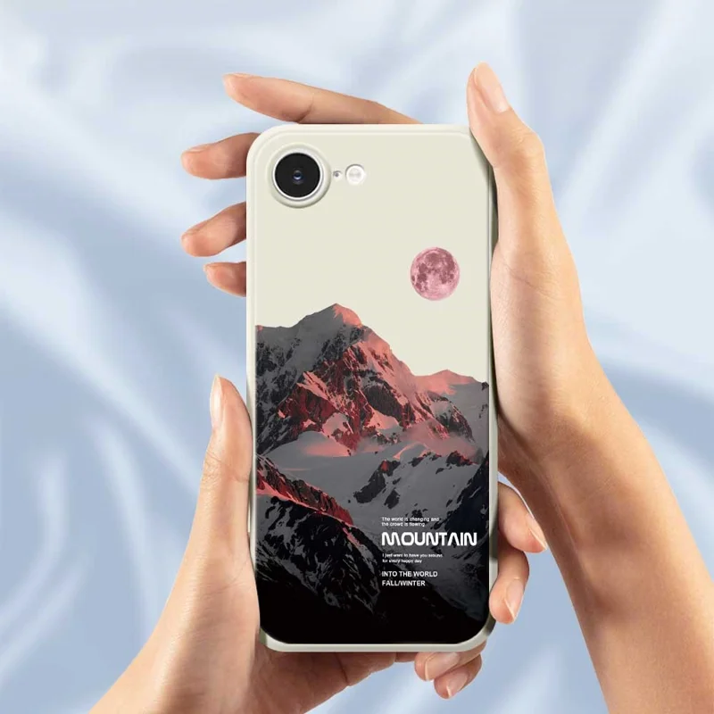 For iPhone 16e Case Pink Snow Mountain Pattern Printing Straight Edge TPU Phone Back Cover - Green