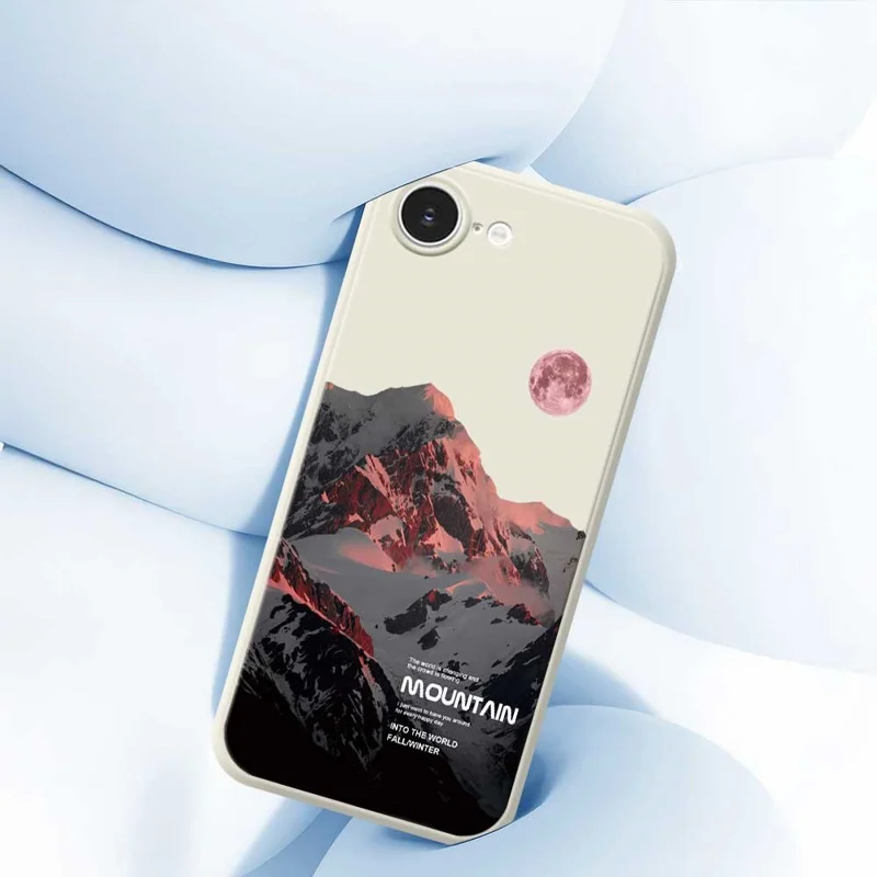 For iPhone 16e Case Pink Snow Mountain Pattern Printing Straight Edge TPU Phone Back Cover - Green