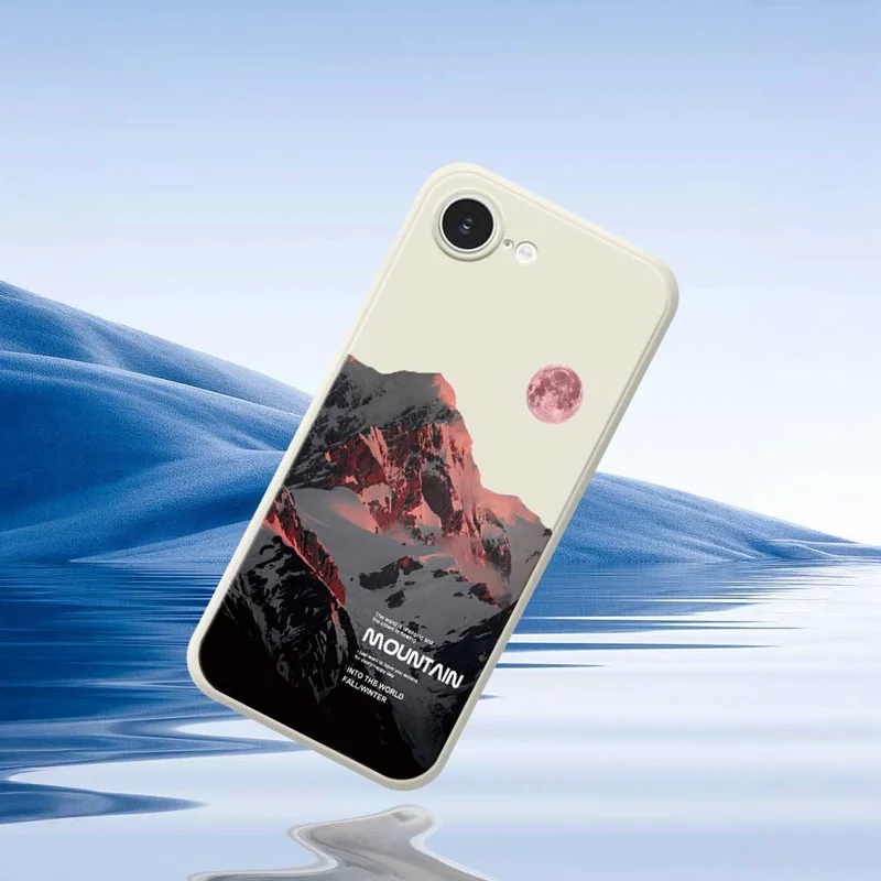 For iPhone 16e Case Pink Snow Mountain Pattern Printing Straight Edge TPU Phone Back Cover - Green