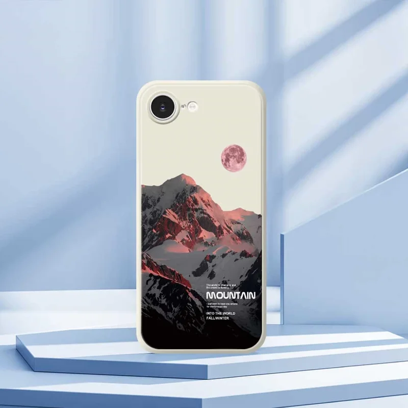 For iPhone 16e Case Pink Snow Mountain Pattern Printing Straight Edge TPU Phone Back Cover - Green