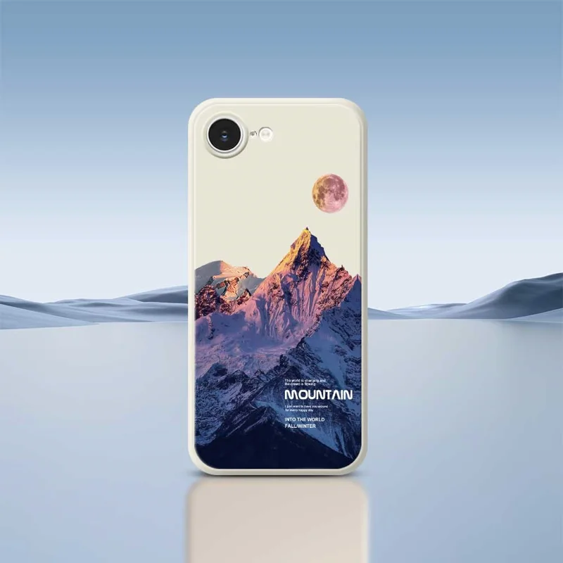 For iPhone 16e Case Blue Snow Mountain Pattern Printing Straight Edge TPU Phone Back Cover - Beige