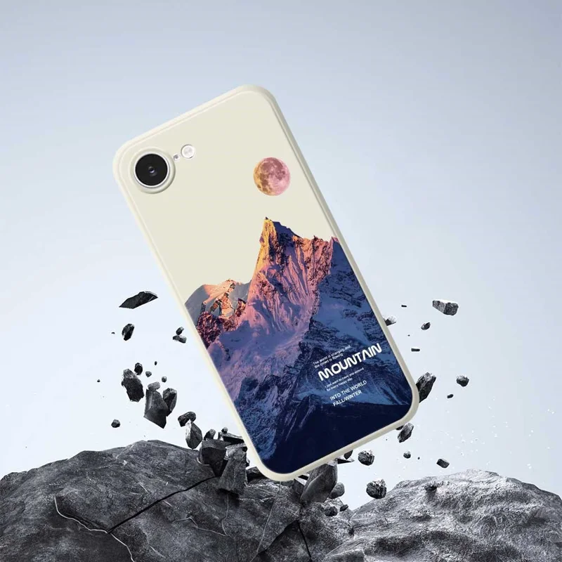 For iPhone 16e Case Blue Snow Mountain Pattern Printing Straight Edge TPU Phone Back Cover - Beige