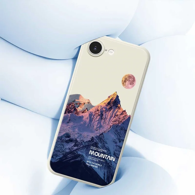 For iPhone 16e Case Blue Snow Mountain Pattern Printing Straight Edge TPU Phone Back Cover - Beige