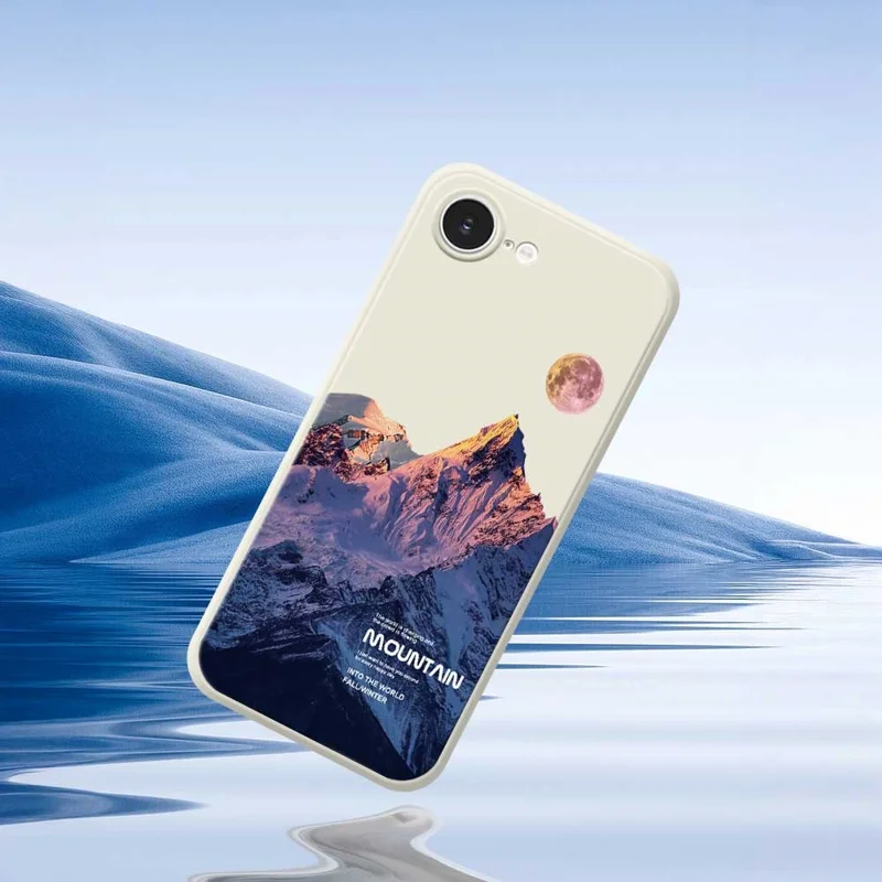 For iPhone 16e Case Blue Snow Mountain Pattern Printing Straight Edge TPU Phone Back Cover - Beige