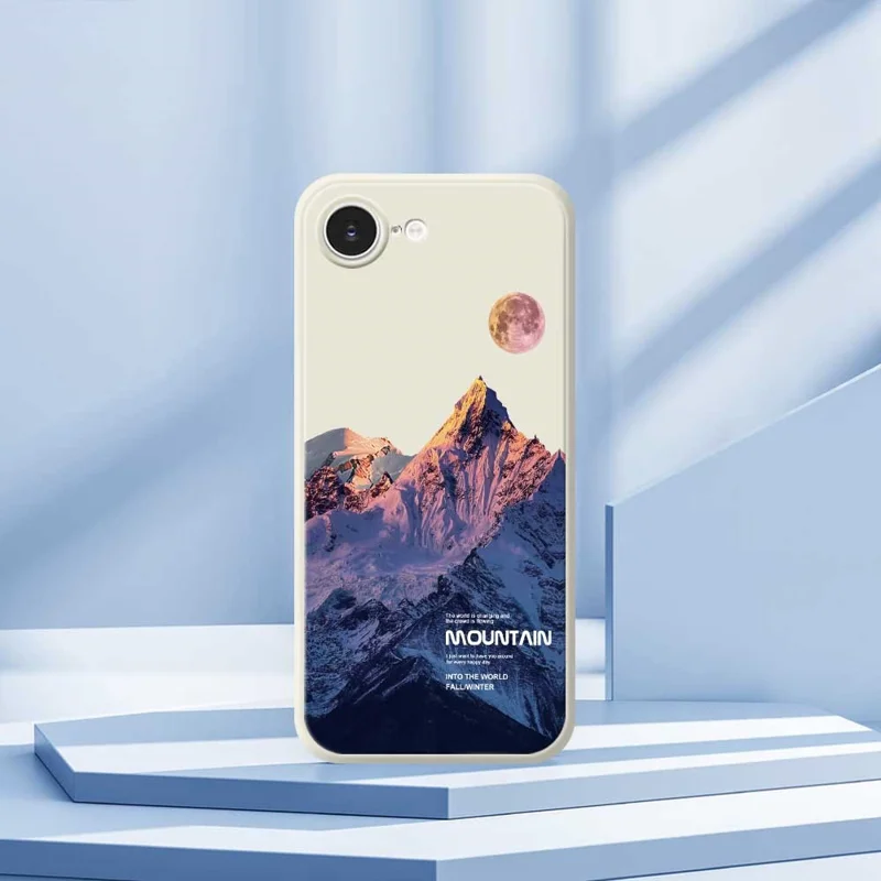 For iPhone 16e Case Blue Snow Mountain Pattern Printing Straight Edge TPU Phone Back Cover - Beige