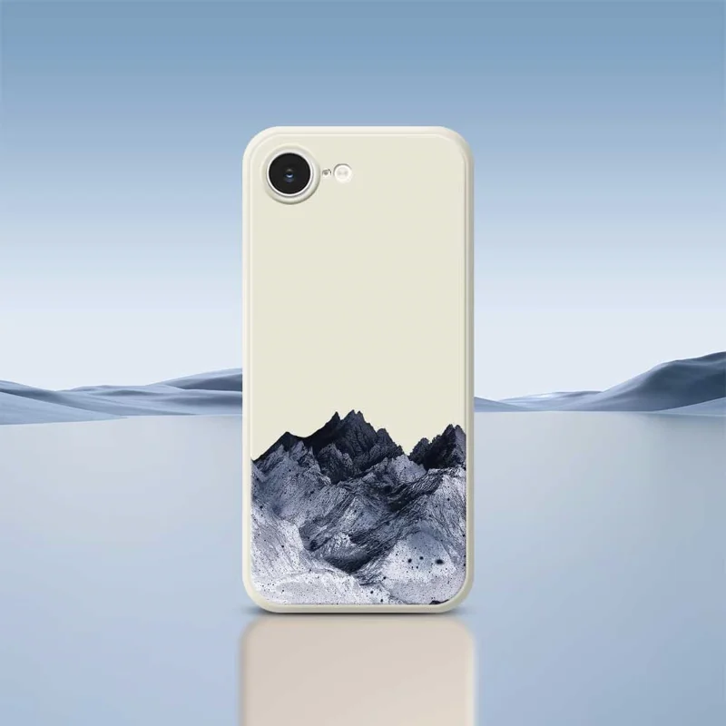 For iPhone 16e Case Black Mountain Pattern Printing Straight Edge TPU Phone Back Cover - Beige