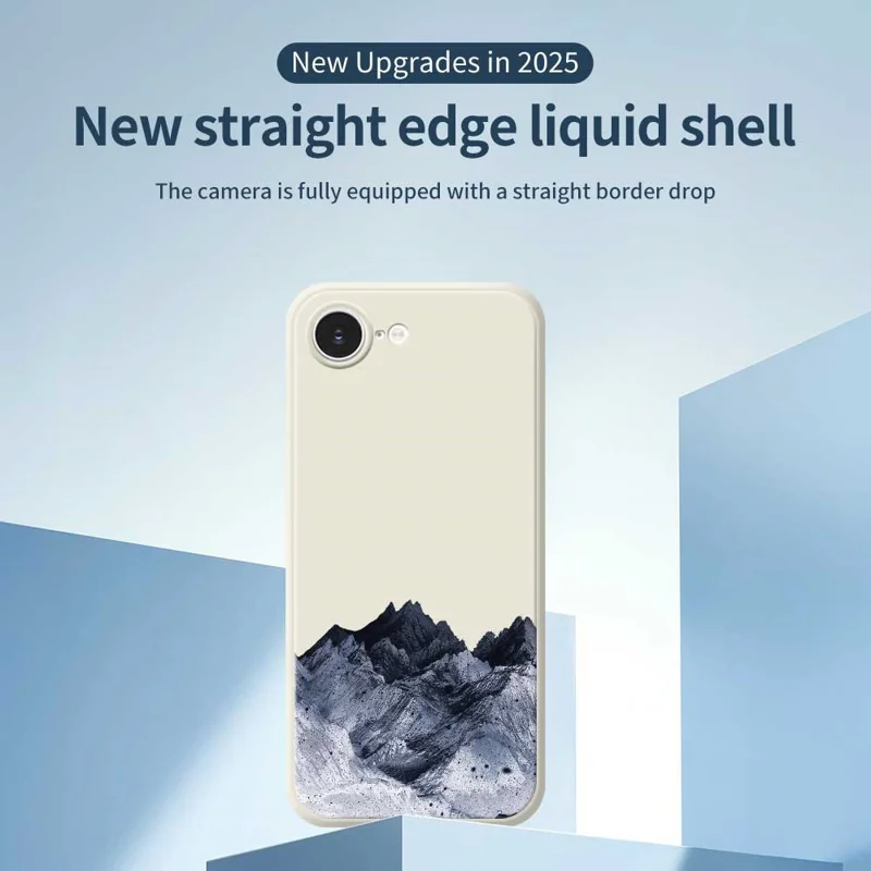 For iPhone 16e Case Black Mountain Pattern Printing Straight Edge TPU Phone Back Cover - Beige