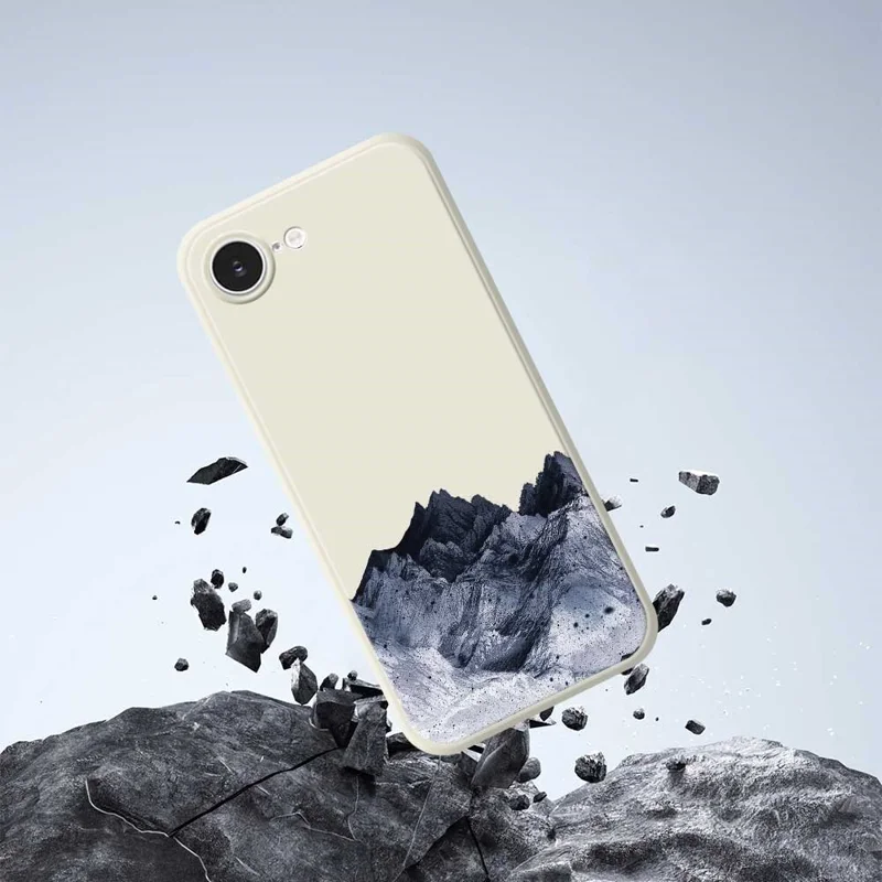 For iPhone 16e Case Black Mountain Pattern Printing Straight Edge TPU Phone Back Cover - Beige