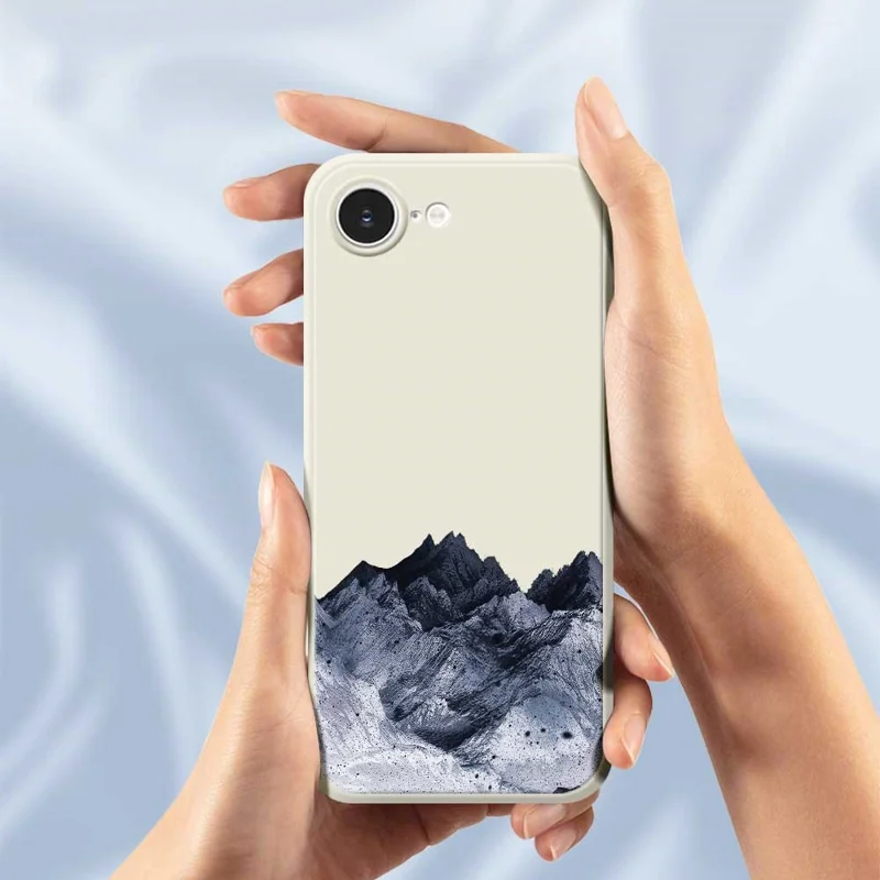 For iPhone 16e Case Black Mountain Pattern Printing Straight Edge TPU Phone Back Cover - Beige