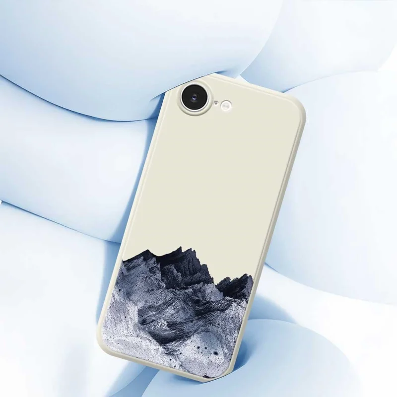 For iPhone 16e Case Black Mountain Pattern Printing Straight Edge TPU Phone Back Cover - Beige