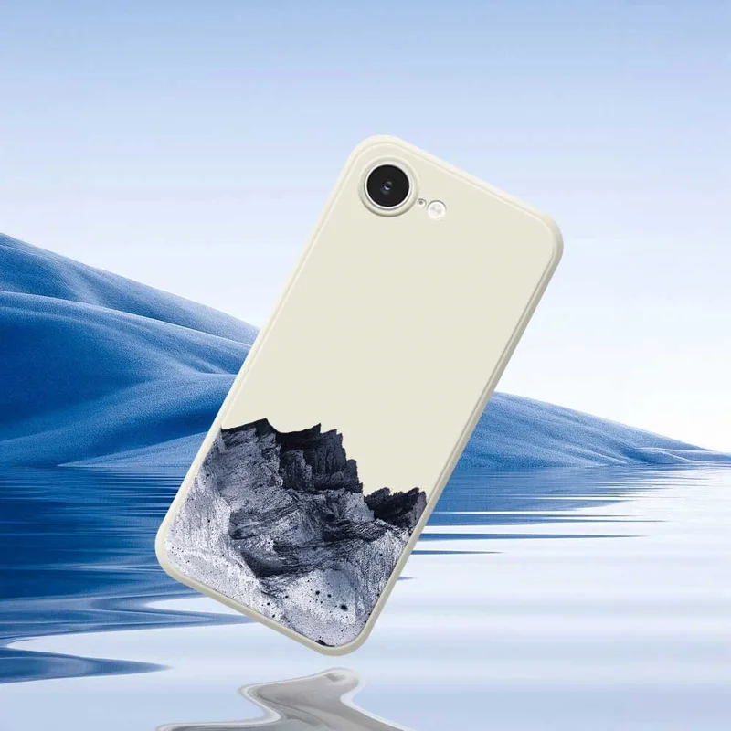 For iPhone 16e Case Black Mountain Pattern Printing Straight Edge TPU Phone Back Cover - Beige
