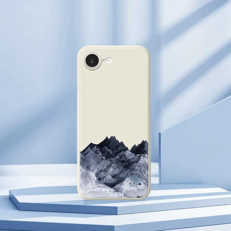 For iPhone 16e Case Black Mountain Pattern Printing Straight Edge TPU Phone Back Cover - Beige
