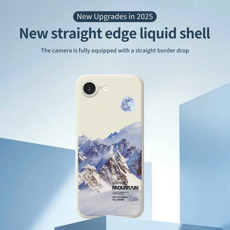 For iPhone 16e Case White Snow Mountain Pattern Printing Straight Edge TPU Phone Back Cover - Beige