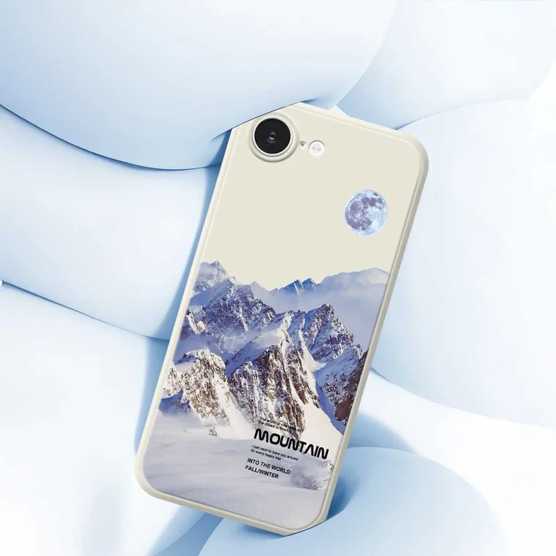 For iPhone 16e Case White Snow Mountain Pattern Printing Straight Edge TPU Phone Back Cover - Beige