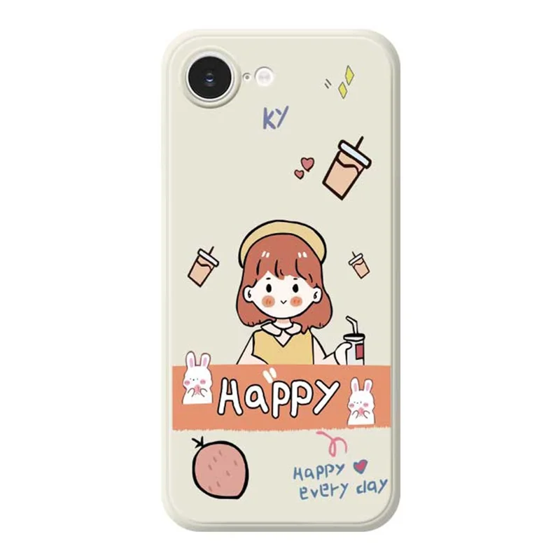 For iPhone 16e Case Happy Girl Pattern Printing Straight Edge TPU Phone Back Cover - Beige