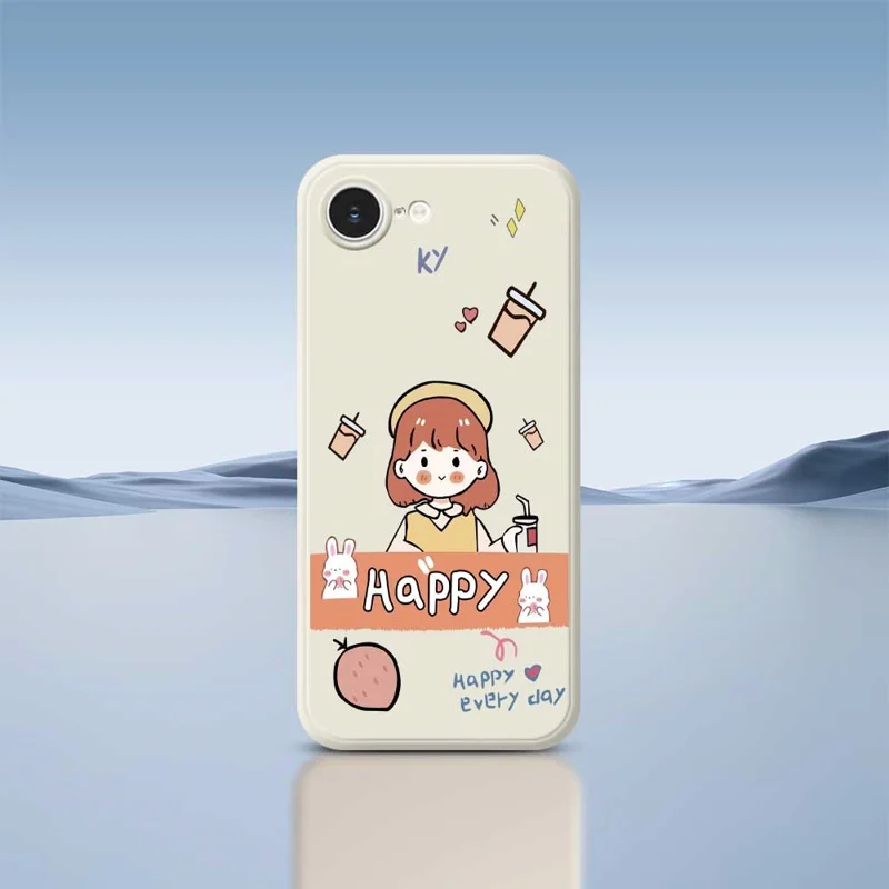 For iPhone 16e Case Happy Girl Pattern Printing Straight Edge TPU Phone Back Cover - Beige