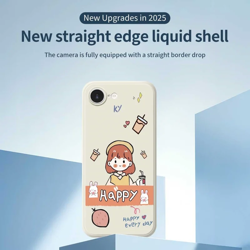 For iPhone 16e Case Happy Girl Pattern Printing Straight Edge TPU Phone Back Cover - Beige