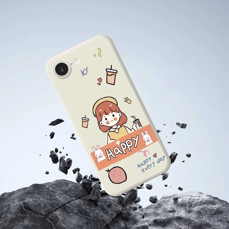 For iPhone 16e Case Happy Girl Pattern Printing Straight Edge TPU Phone Back Cover - Beige