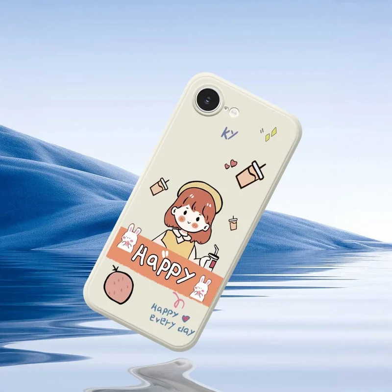 For iPhone 16e Case Happy Girl Pattern Printing Straight Edge TPU Phone Back Cover - Beige