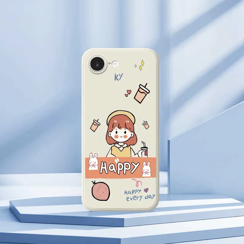 For iPhone 16e Case Happy Girl Pattern Printing Straight Edge TPU Phone Back Cover - Beige
