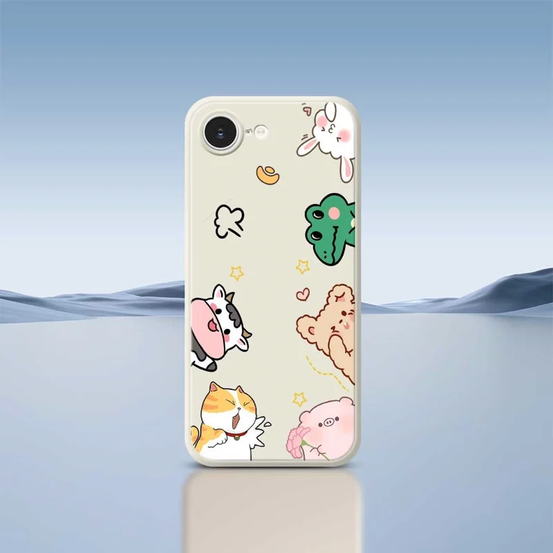 For iPhone 16e Case Animal Gathering Pattern Printing Straight Edge TPU Phone Back Cover - Beige
