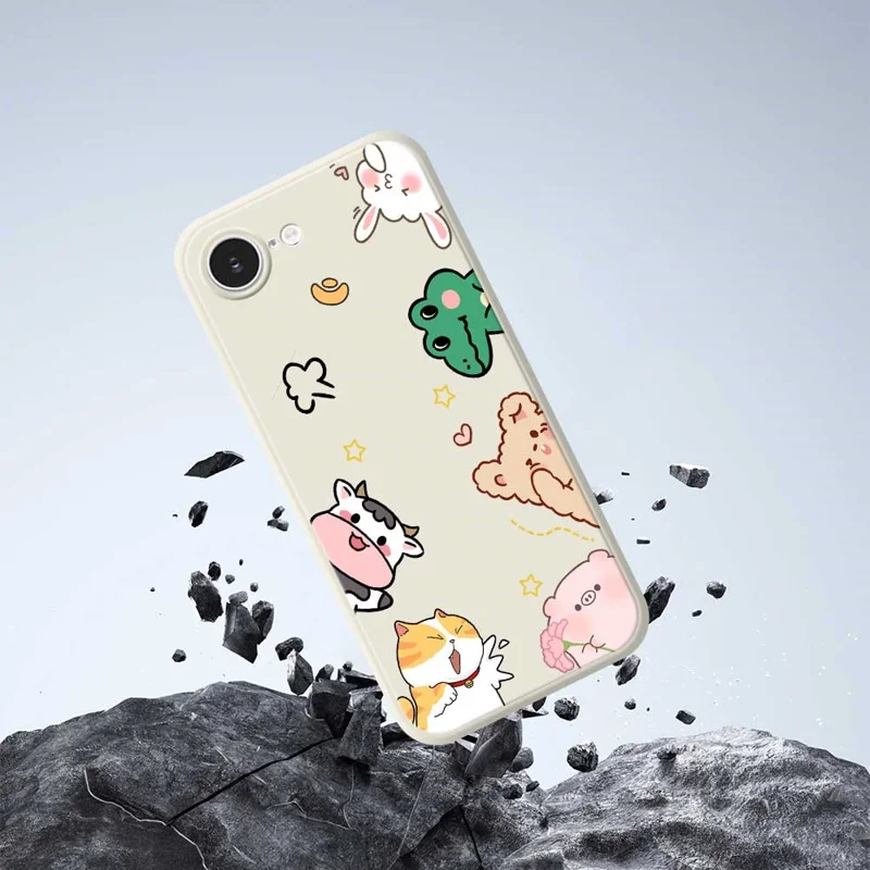 For iPhone 16e Case Animal Gathering Pattern Printing Straight Edge TPU Phone Back Cover - Beige