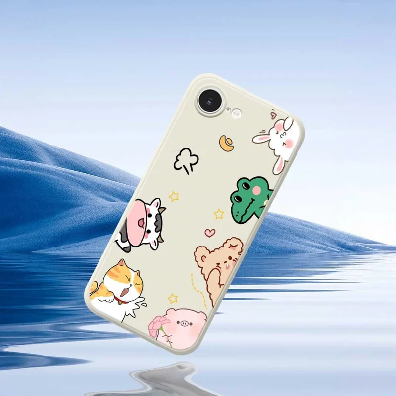 For iPhone 16e Case Animal Gathering Pattern Printing Straight Edge TPU Phone Back Cover - Beige