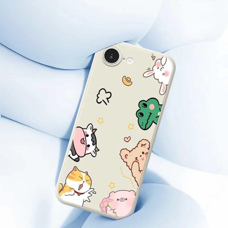 For iPhone 16e Case Animal Gathering Pattern Printing Straight Edge TPU Phone Back Cover - Beige