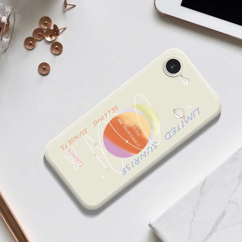 For iPhone 16e Case Planet Pattern Printing Straight Edge TPU Phone Back Cover - Beige