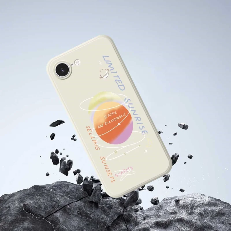 For iPhone 16e Case Planet Pattern Printing Straight Edge TPU Phone Back Cover - Beige