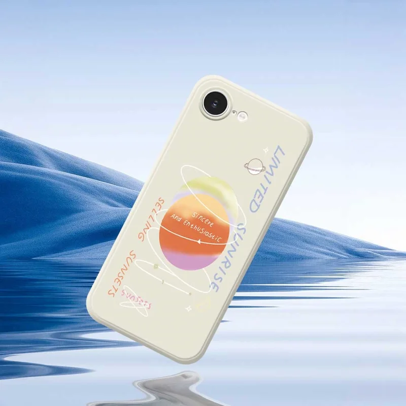 For iPhone 16e Case Planet Pattern Printing Straight Edge TPU Phone Back Cover - Beige