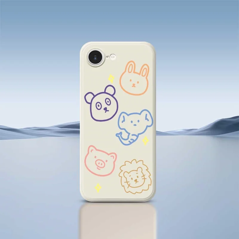 For iPhone 16e Case Animal Sketches Pattern Printing Straight Edge TPU Phone Back Cover - Beige