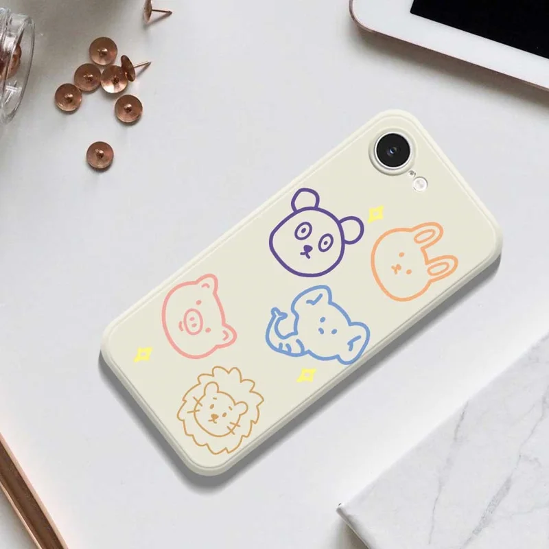 For iPhone 16e Case Animal Sketches Pattern Printing Straight Edge TPU Phone Back Cover - Beige