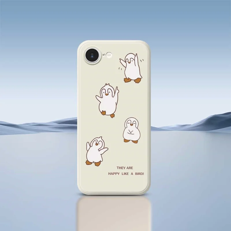 For iPhone 16e Case Happy Penguin Pattern Printing Straight Edge TPU Phone Back Cover - Beige