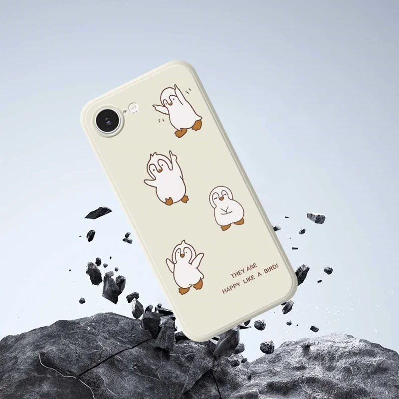 For iPhone 16e Case Happy Penguin Pattern Printing Straight Edge TPU Phone Back Cover - Beige