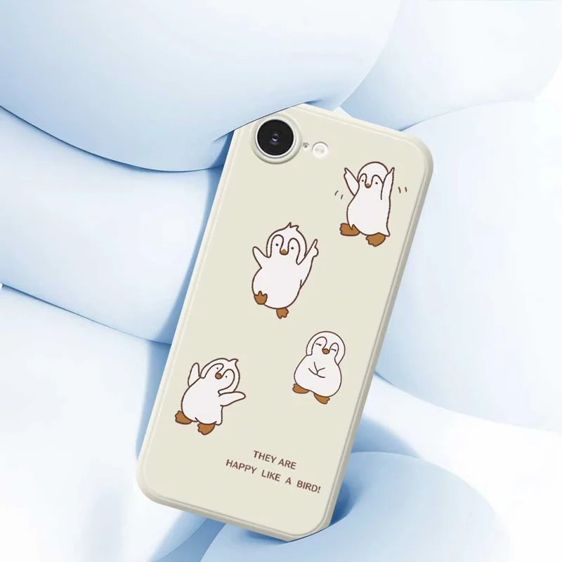 For iPhone 16e Case Happy Penguin Pattern Printing Straight Edge TPU Phone Back Cover - Beige
