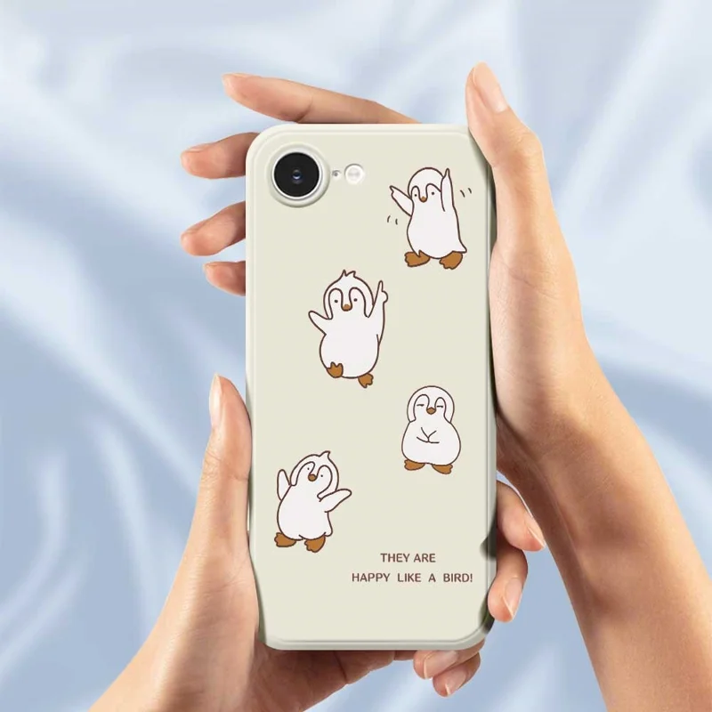 For iPhone 16e Case Happy Penguin Pattern Printing Straight Edge TPU Phone Back Cover - Beige