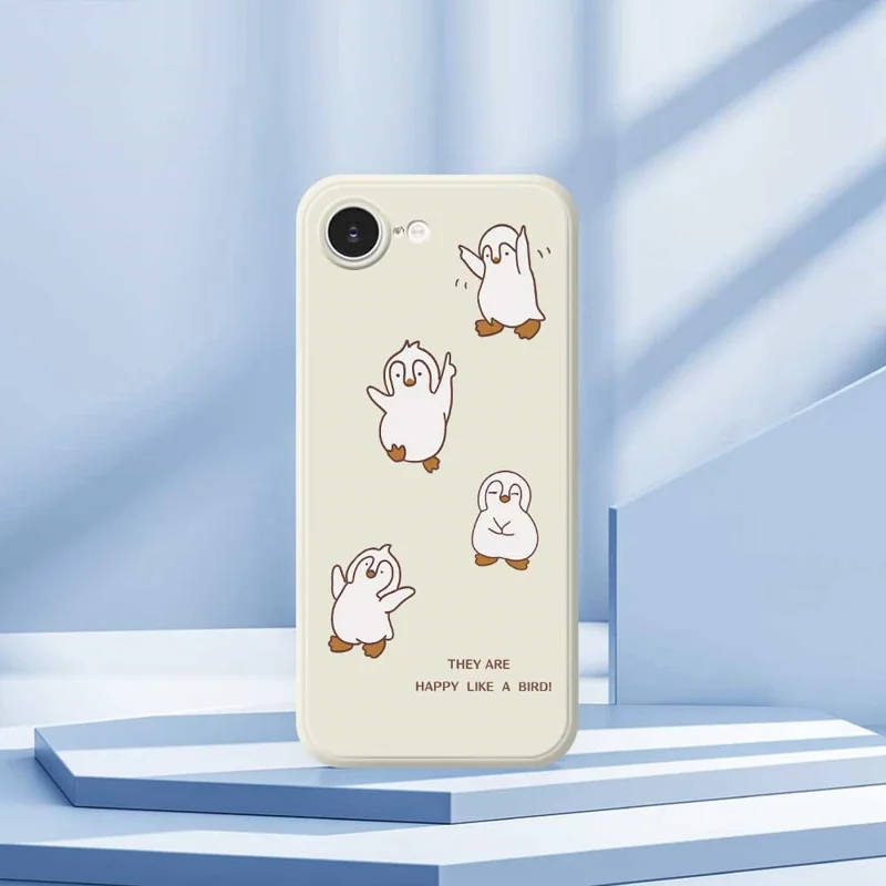 For iPhone 16e Case Happy Penguin Pattern Printing Straight Edge TPU Phone Back Cover - Beige